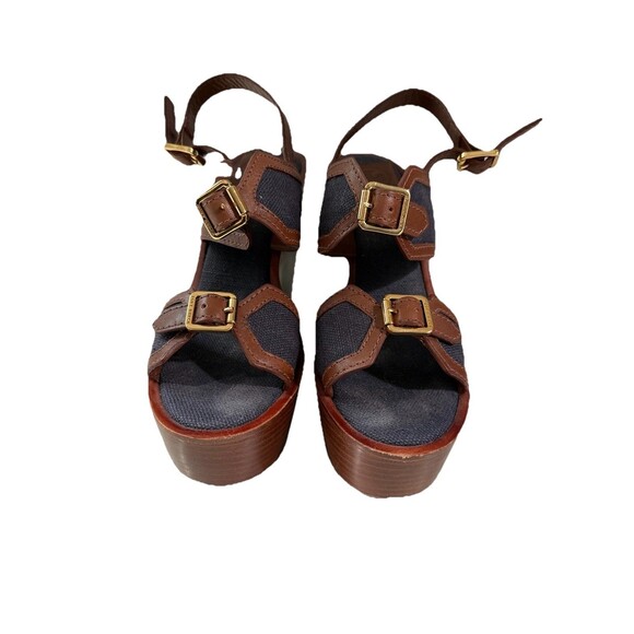 Tory Burch Women’s Wedges Florian Denim Brown Leather Platform Sandals Heels 8M - Picture 3 of 12